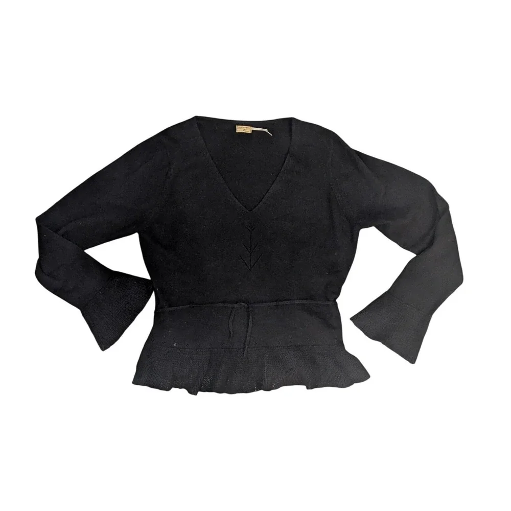 MaxStudio‎ Cahsmere Sweater Women M Black V-Neck Tie Waist Peplum Bell Sleeve XL